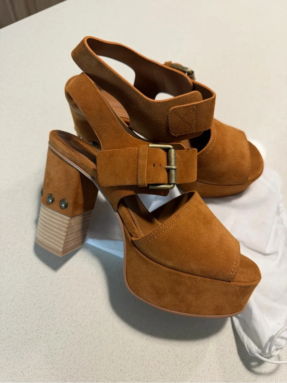 See By Chloe- Women’s Suede Platform Slingback Sandals - Rust